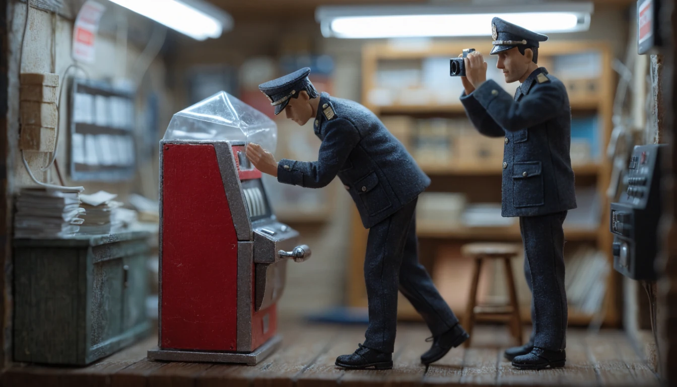 Funkcjonariusz zabezpiecza automat do gier w lokalu